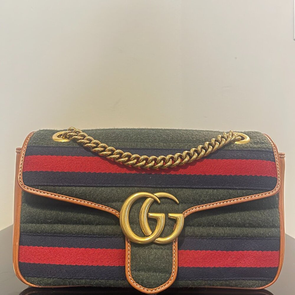 Gucci Loden Fabric Cuoio Harness Web Matelasse Horizontalk Small GG Marmont Bag